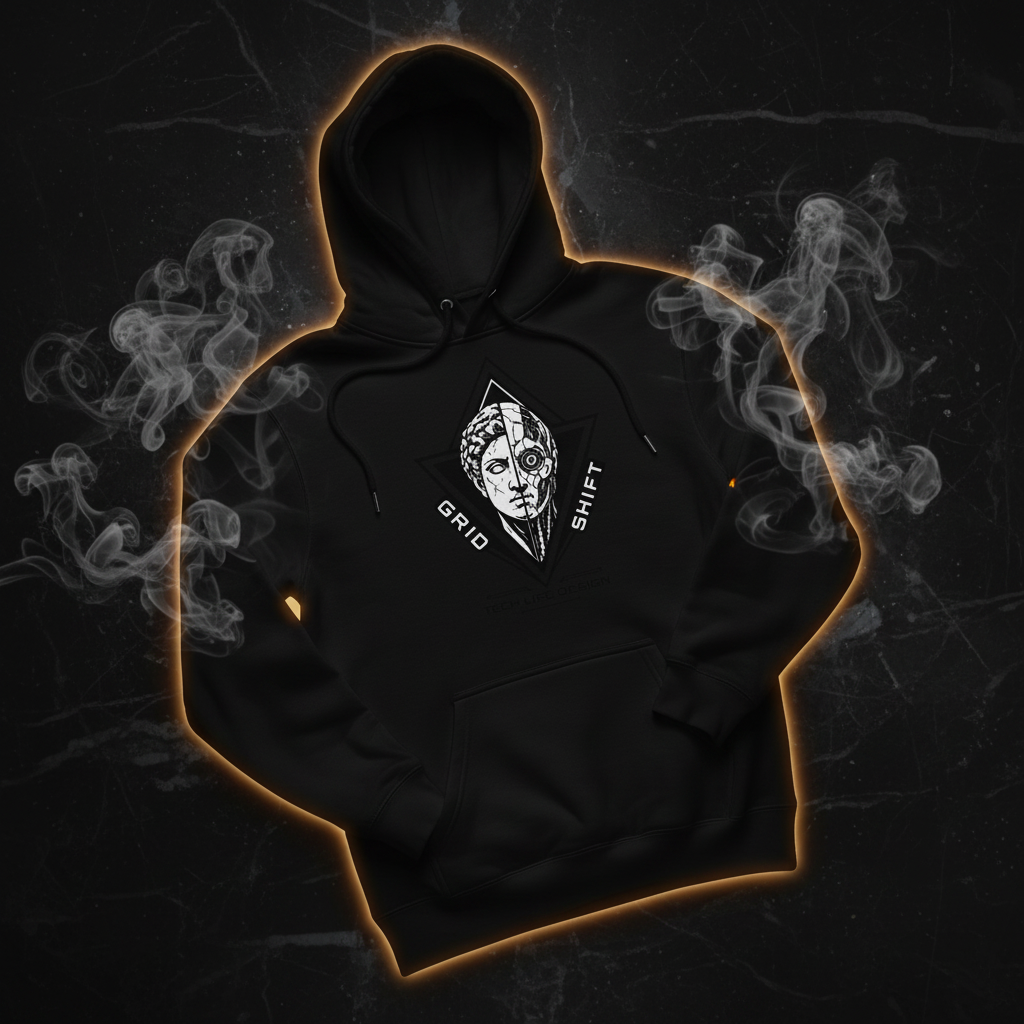 GRIDSHIFT black hoodie product cover shot on dark marble with golden rim lighting