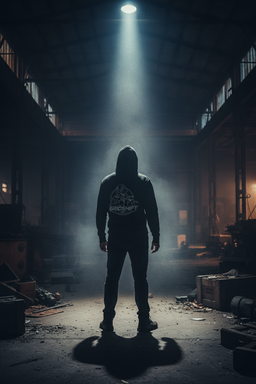 GRIDSHIFT hoodie back graphic in industrial warehouse with dramatic lighting