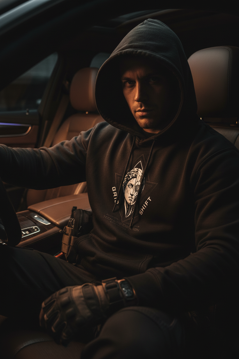 GRIDSHIFT hoodie in dark luxury car interior with amber dashboard lighting