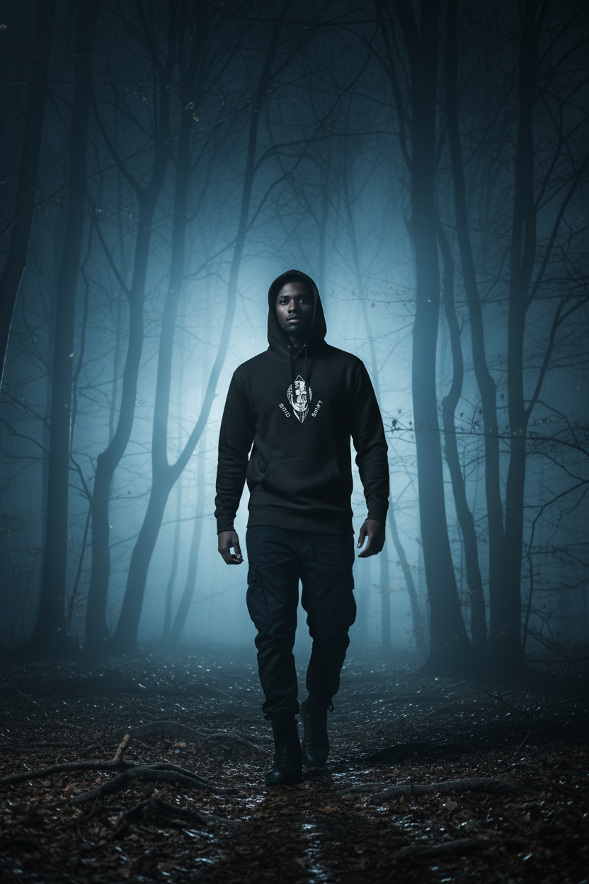 Person in GRIDSHIFT hoodie walking through dark foggy forest at night