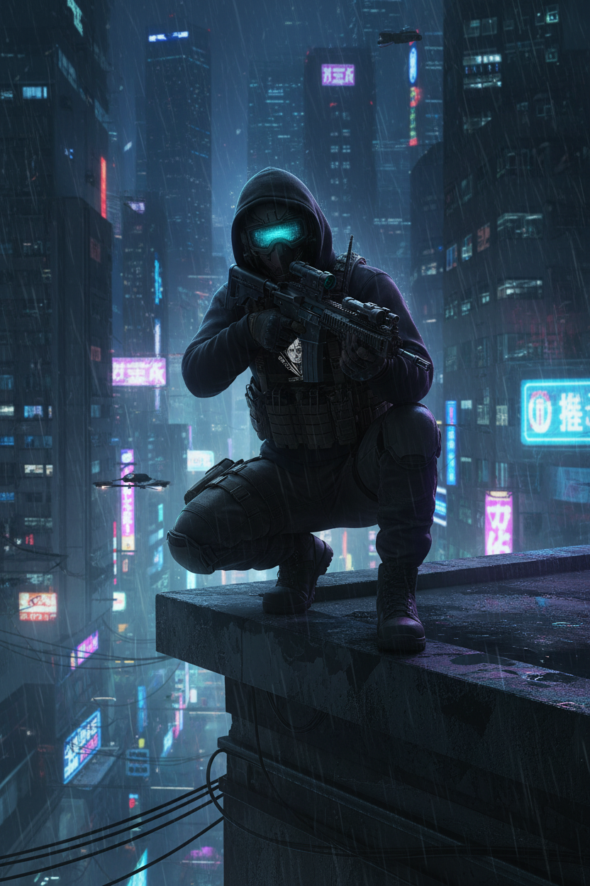 Hooded figure in GRIDSHIFT hoodie on rooftop overlooking cyberpunk cityscape