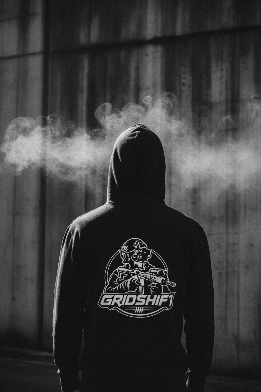 GRIDSHIFT hoodie back graphic against brutalist concrete wall with dramatic lighting