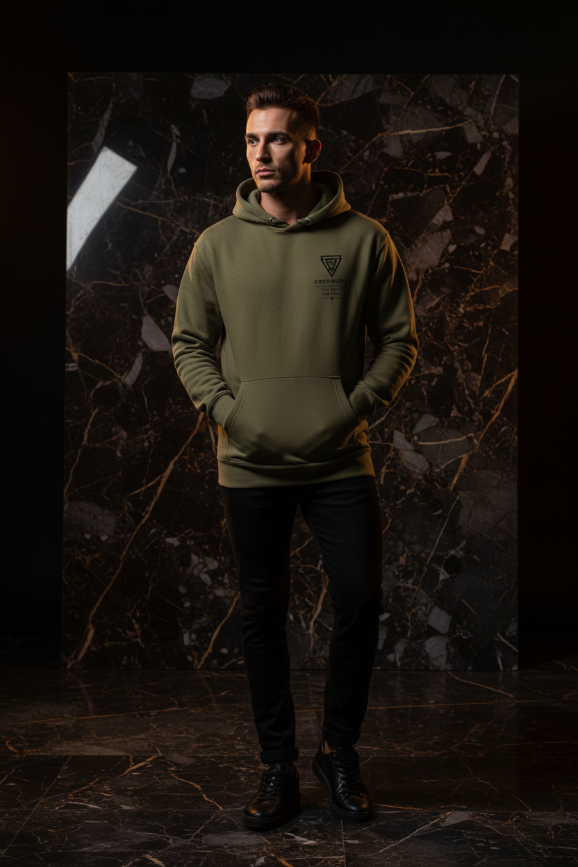 Military green hoodie model front mockup